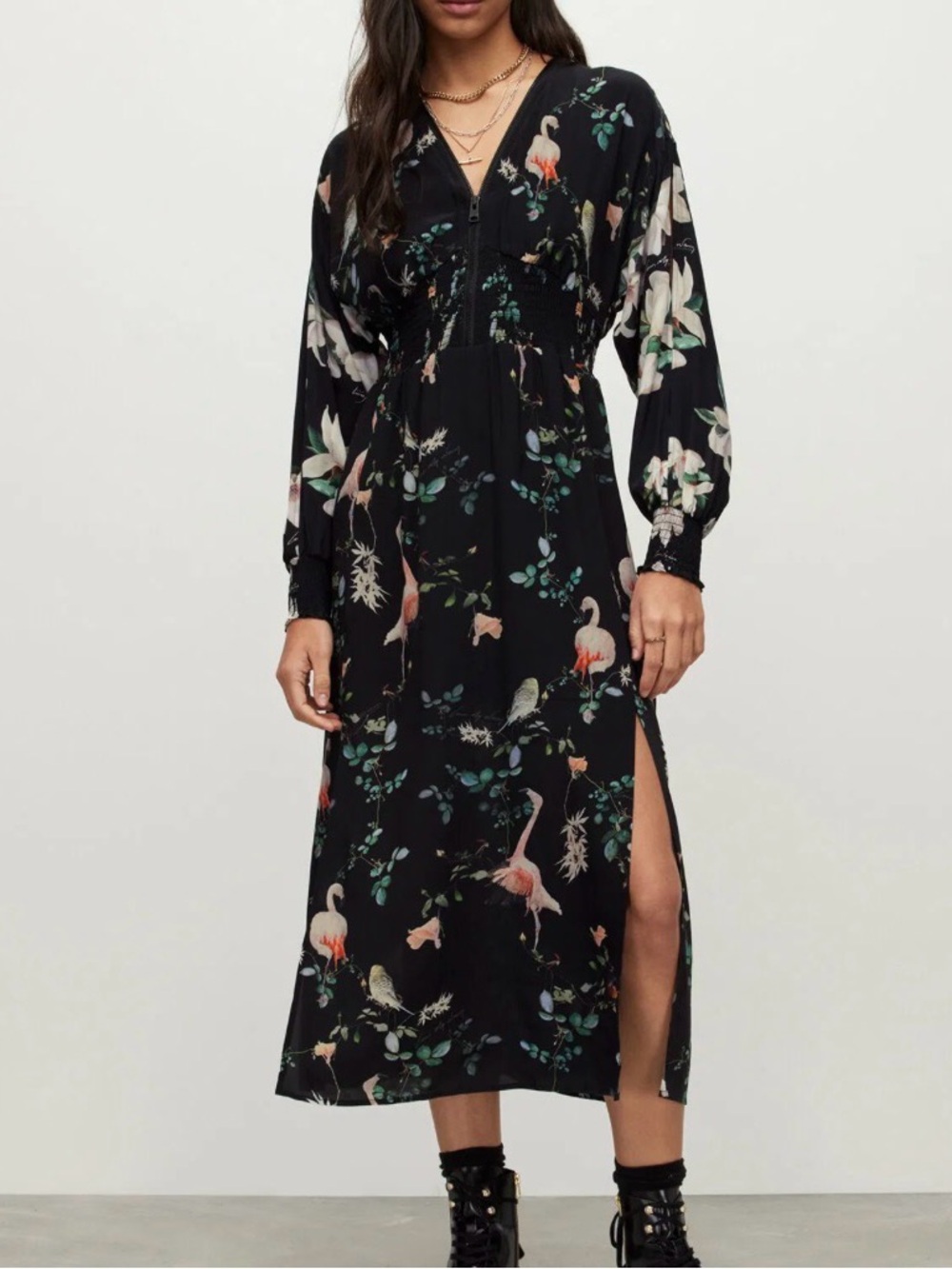 AllSaints Nia Fabia Black Floral Midi Dress with Pink Flamingo Motif